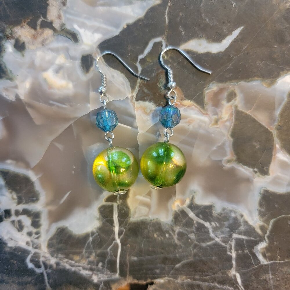 Blue & Green Beaded French Wire Dangle Earrings - Picture 2 of 7